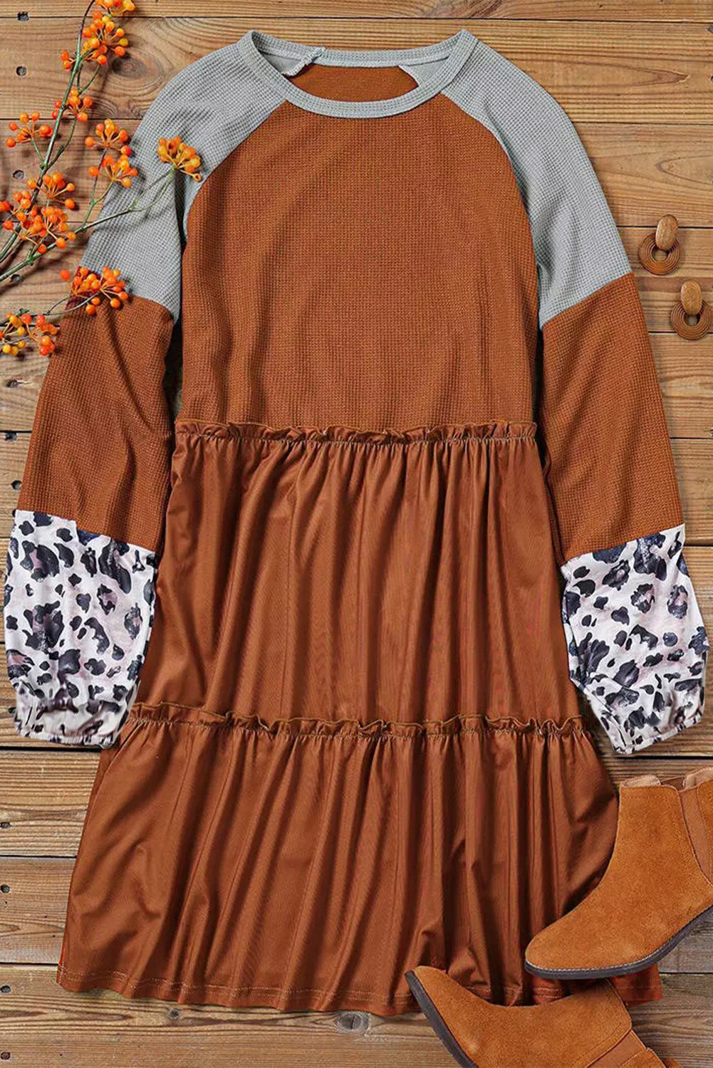 Gold Flame Plus Size Waffle Leopard Long Sleeve Ruffle Mini Dress