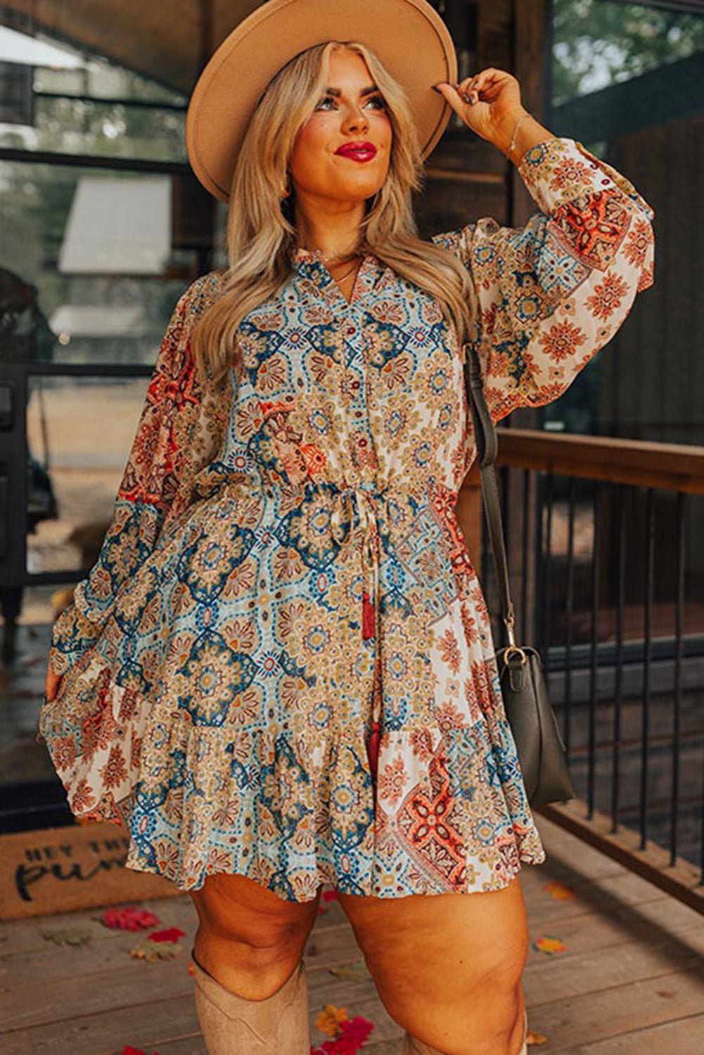 Brown Plus Size Floral Print Drawstring Waist Mini Dress