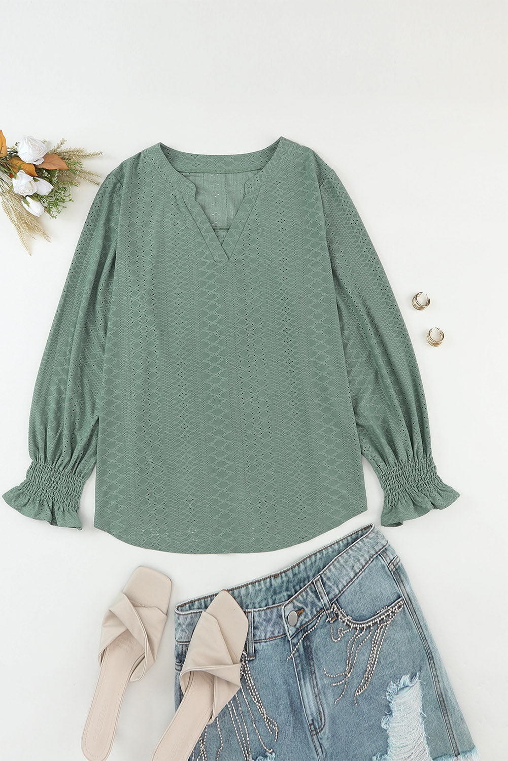 Green Eyelet Jacquard Split Neck Flounce Sleeve Plus Size Blouse