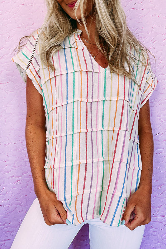 Multicolor Striped Short Sleeve Blouse for Women