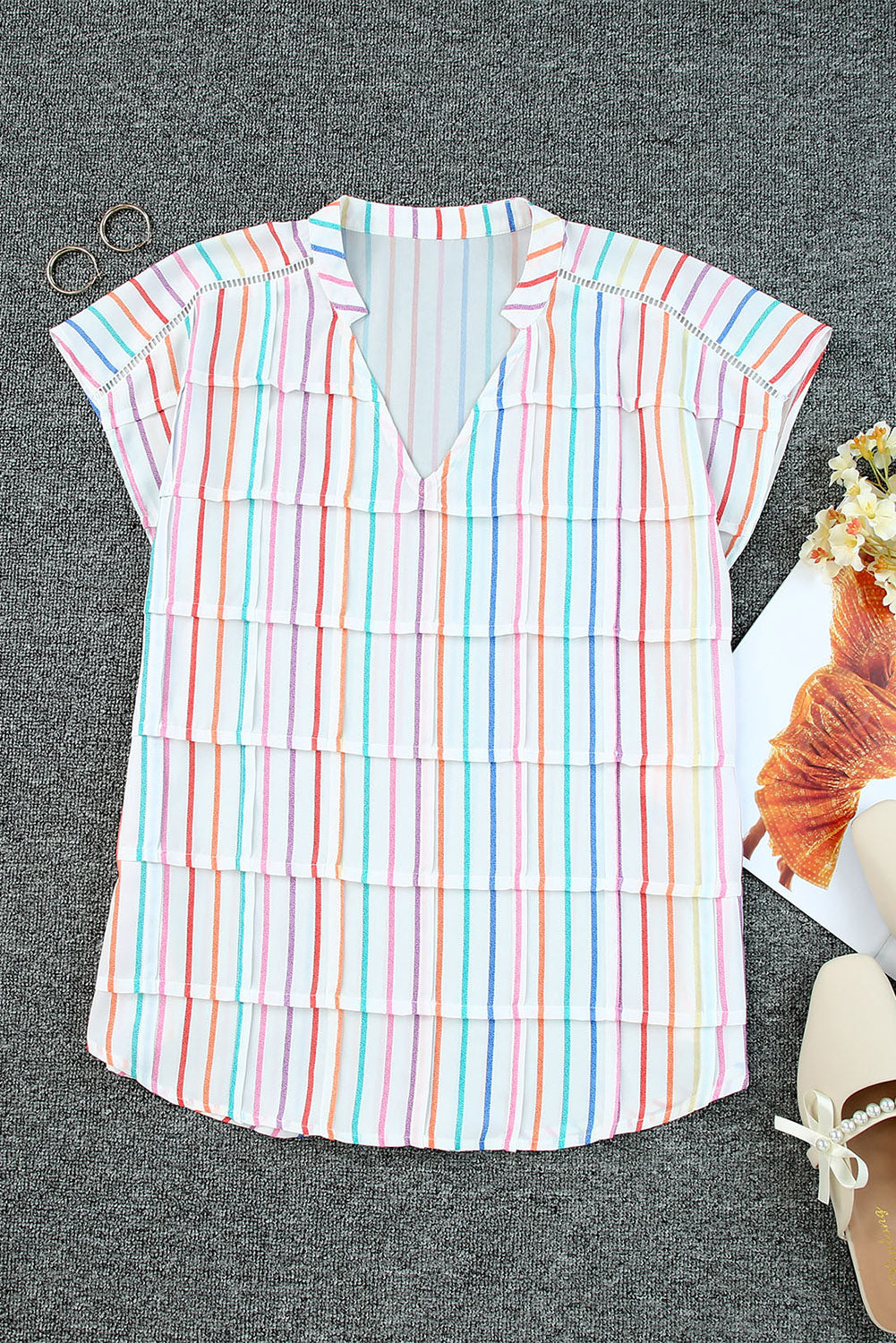 Multicolor Striped Short Sleeve Blouse for Women