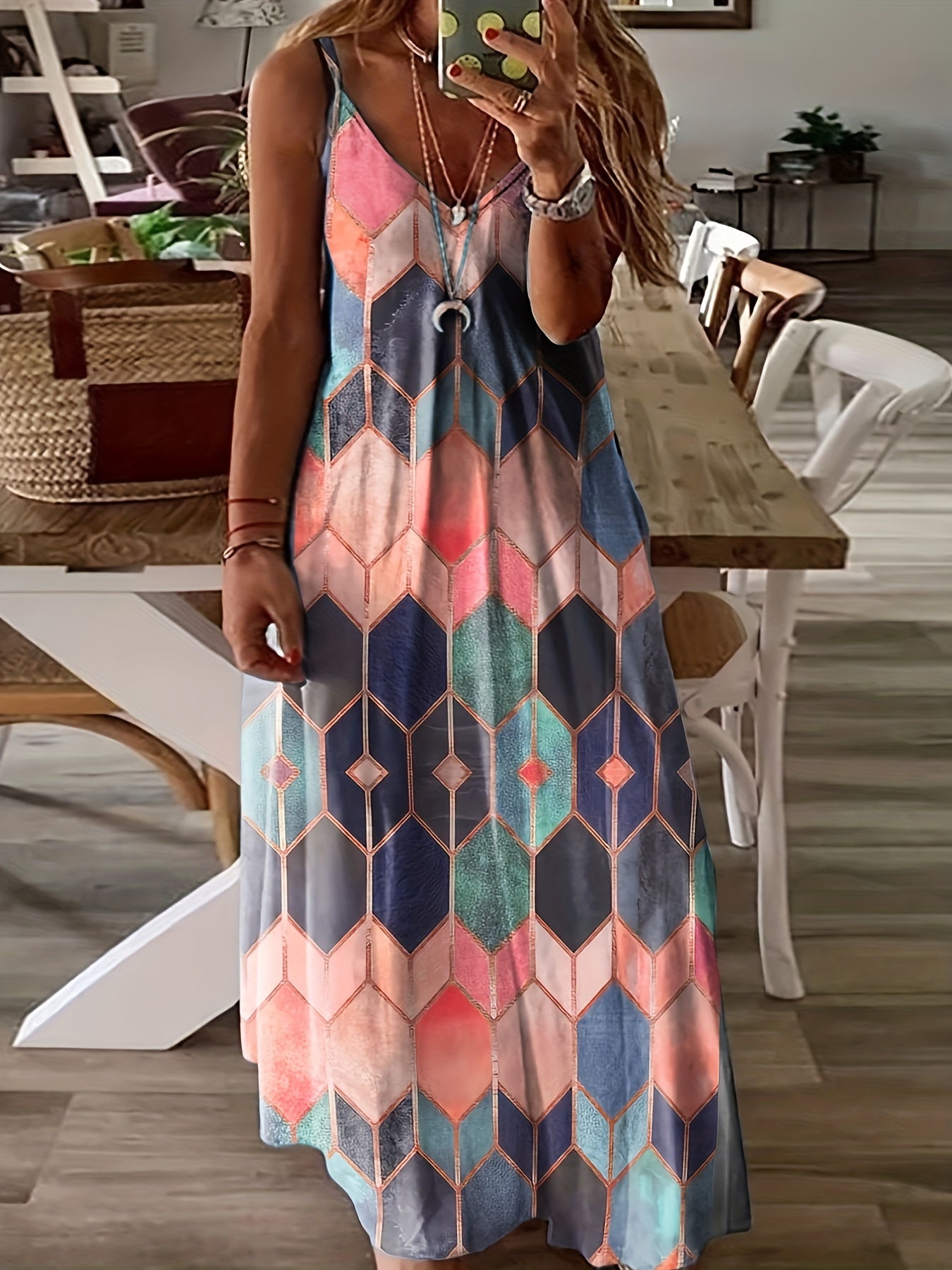 Plus Size Geometric Print Cami Maxi Dress