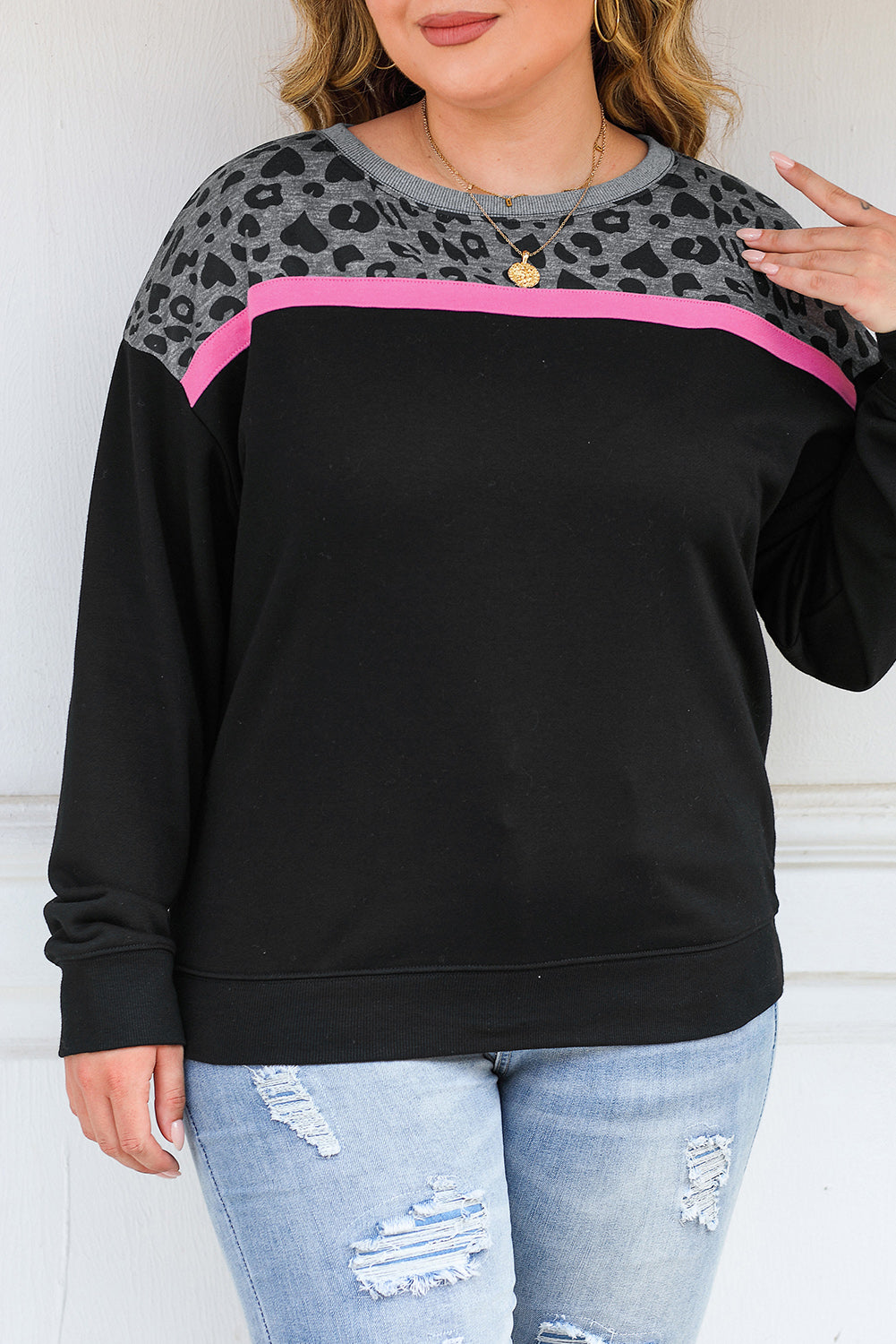 Black Leopard Colorblock Long Sleeve Plus Size Top