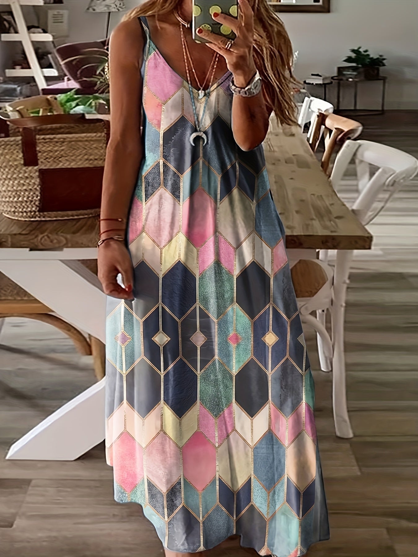 Plus Size Geometric Print Cami Maxi Dress