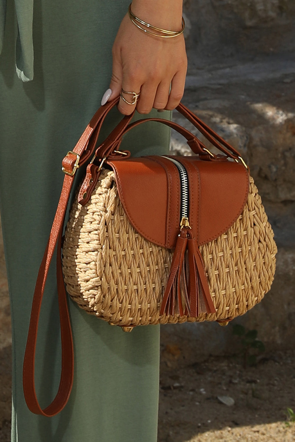 Light French Beige Bamboo Weaving Leather Flap Tassel Shoulder Bag