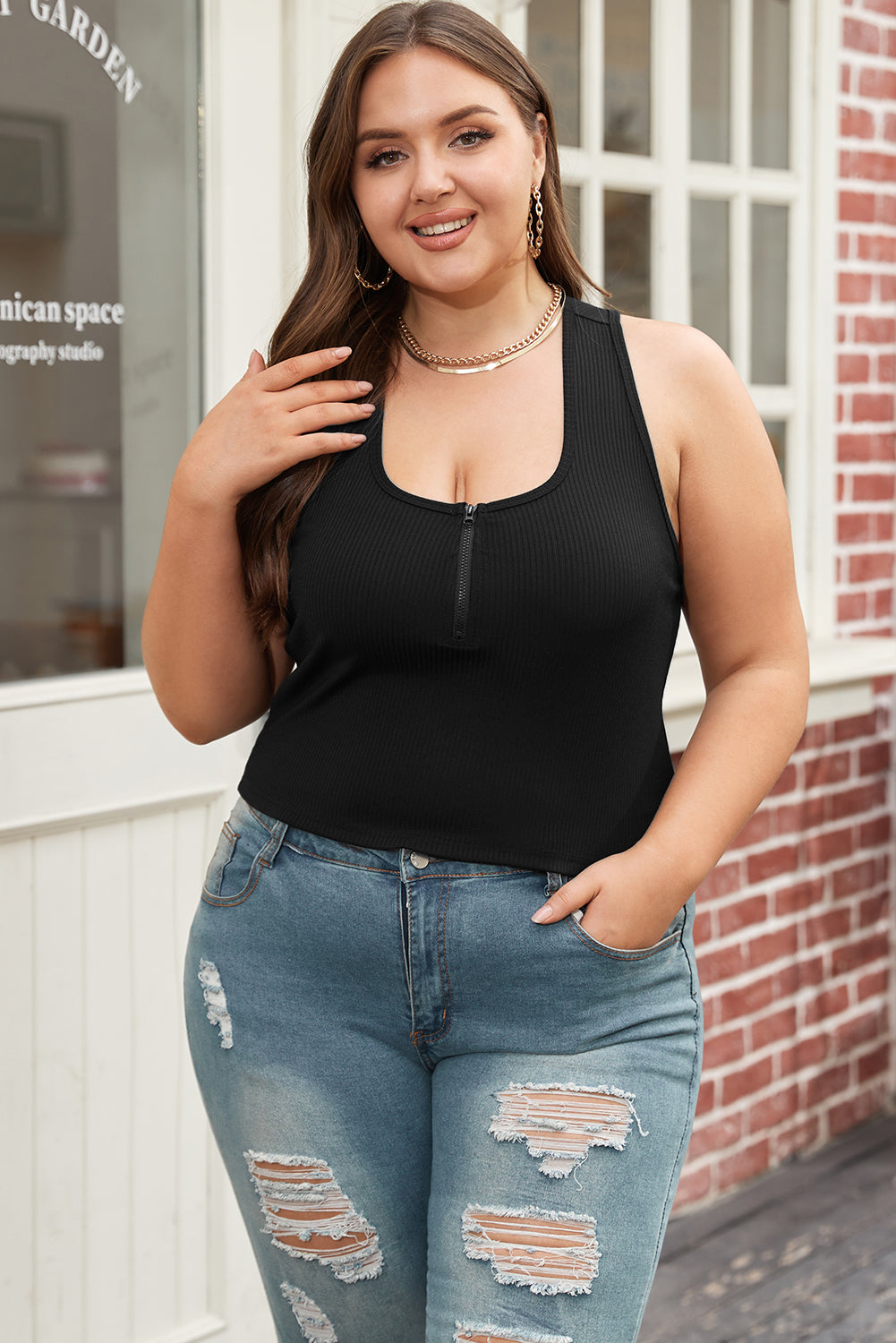 Black Plus Size Zipper Front Racerback Ribbed Tank Top