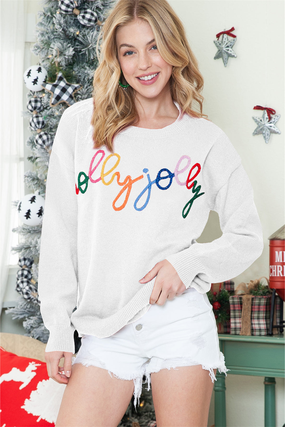 White XOXO Chenille Letter Round Neck Casual Sweater