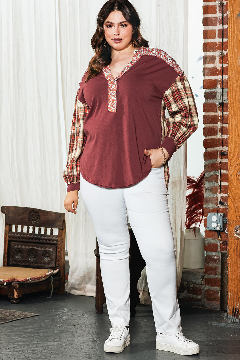 Navy Blue Mixed Print Half Buttons Plus Size Pullover Top