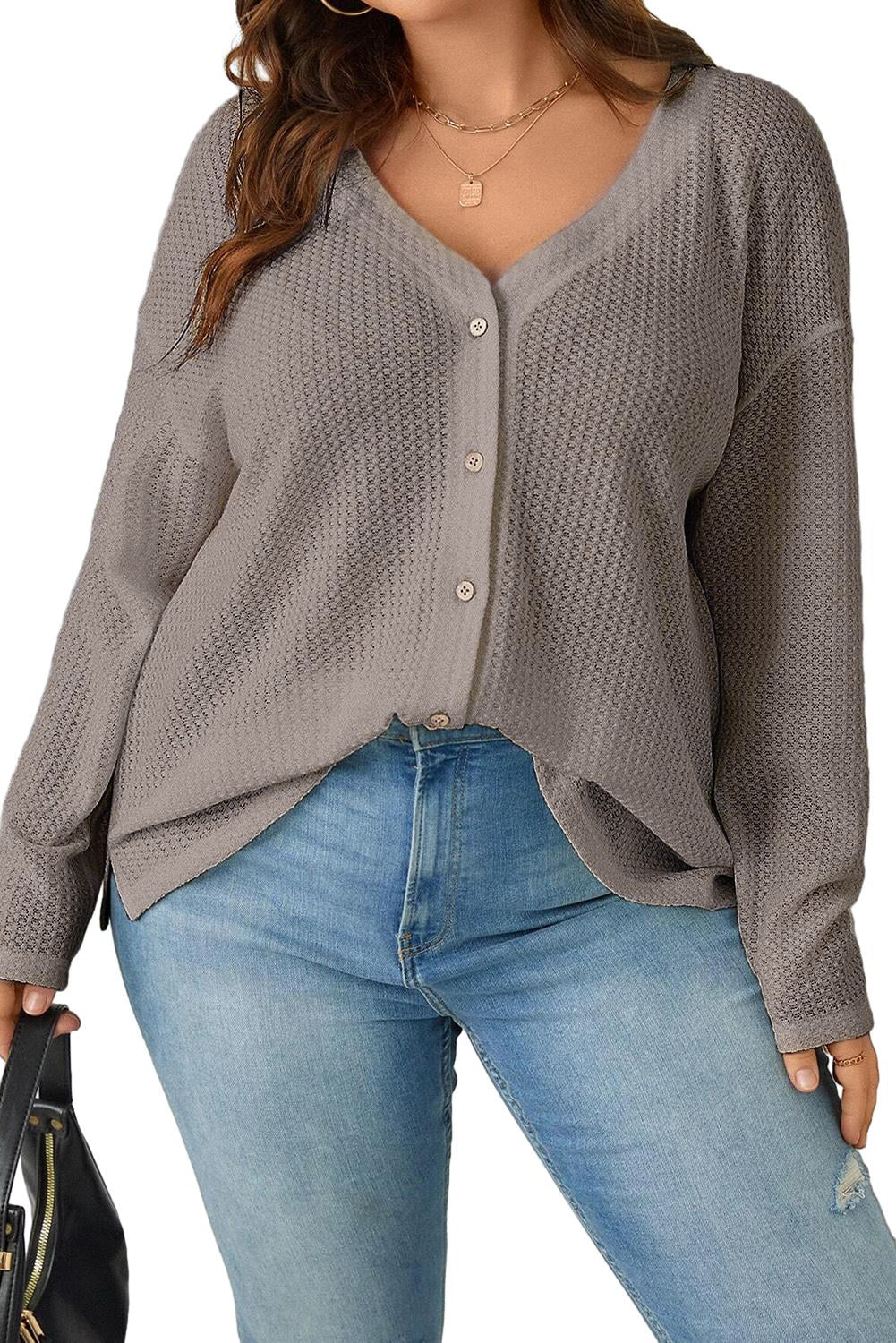 Simply Taupe Waffle Knit Drop Shoulder Button Front Plus Size Top