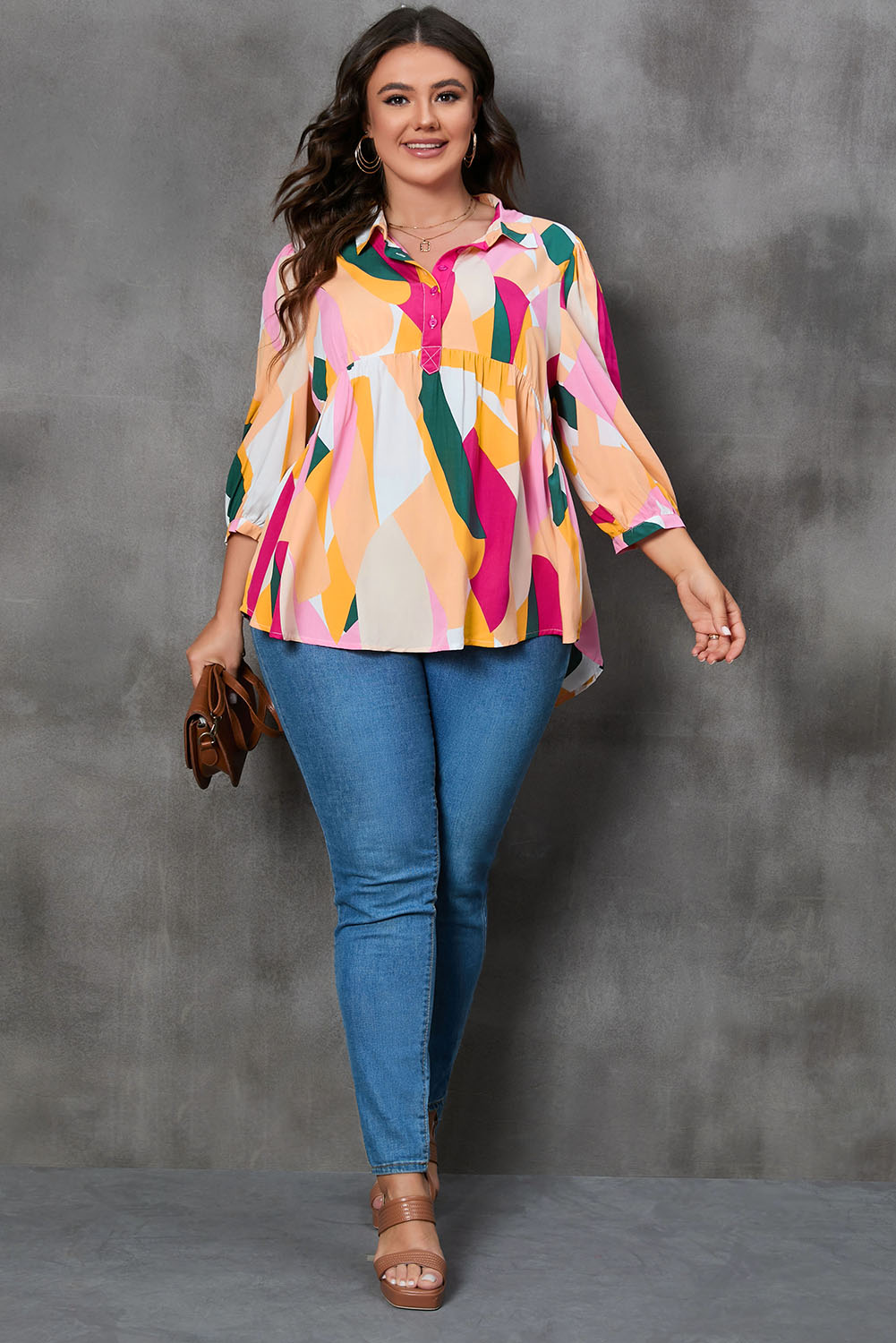 Ginger Plus Size Geometric Print Bracelet Sleeve Flowy Blouse