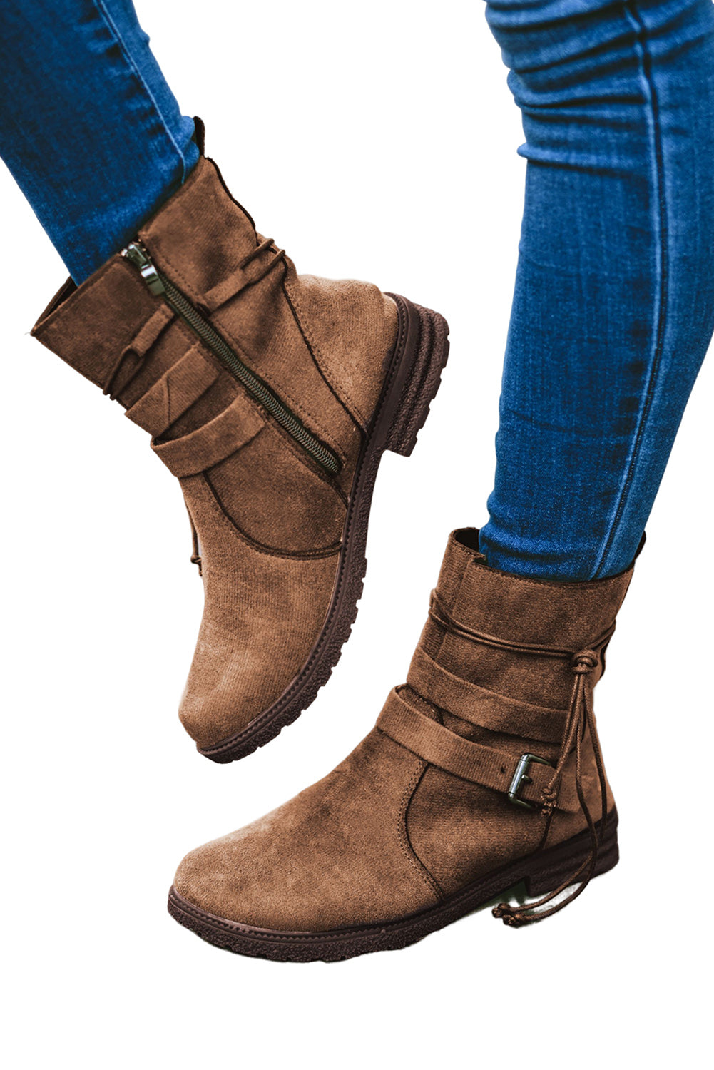 Brown Faux Suede Zip Up Buckle Straps Ankle Boots