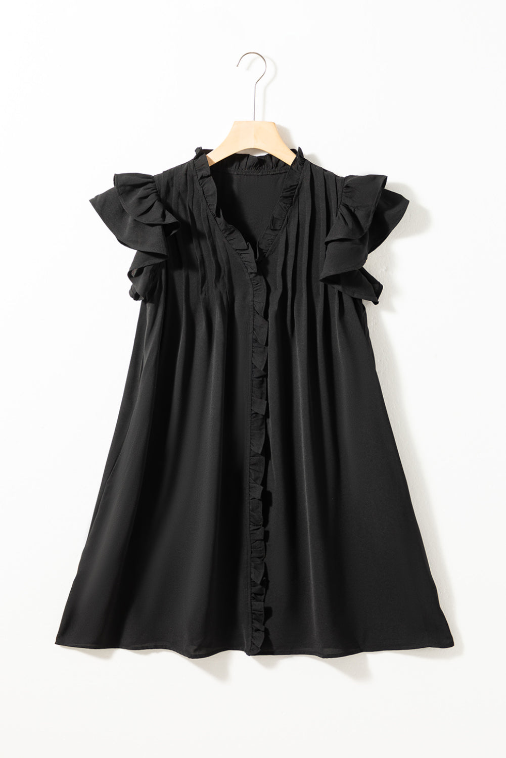 Black Ruffle Sleeve V Neck Frilled Shift Dress