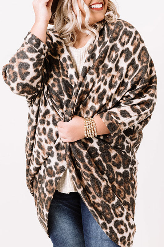 Leopard Plus Size Draped Open Front Cardigan