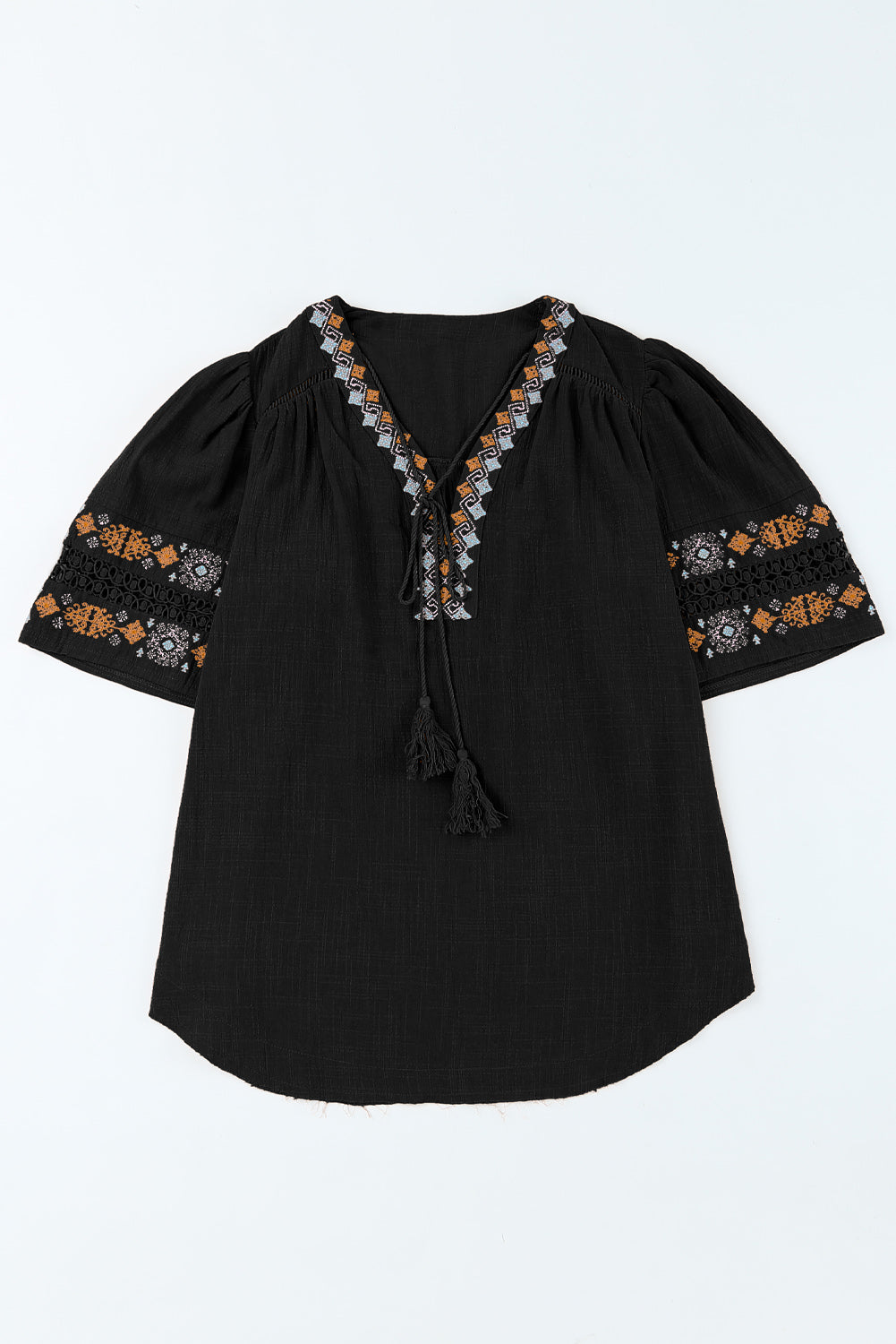 Black Boho Tassel Drawstring Cut Out Embroidered Blouse