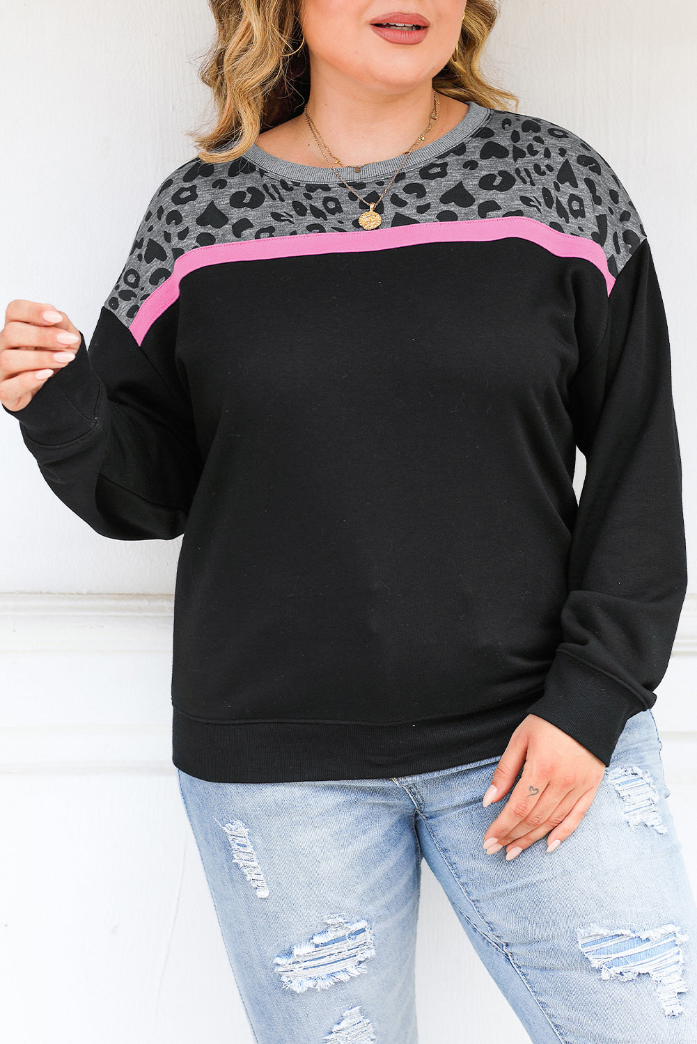 Black Leopard Colorblock Long Sleeve Plus Size Top