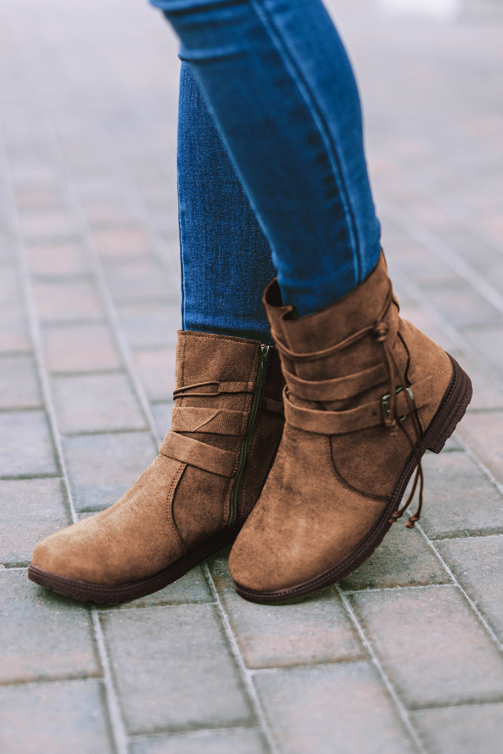 Brown Faux Suede Zip Up Buckle Straps Ankle Boots