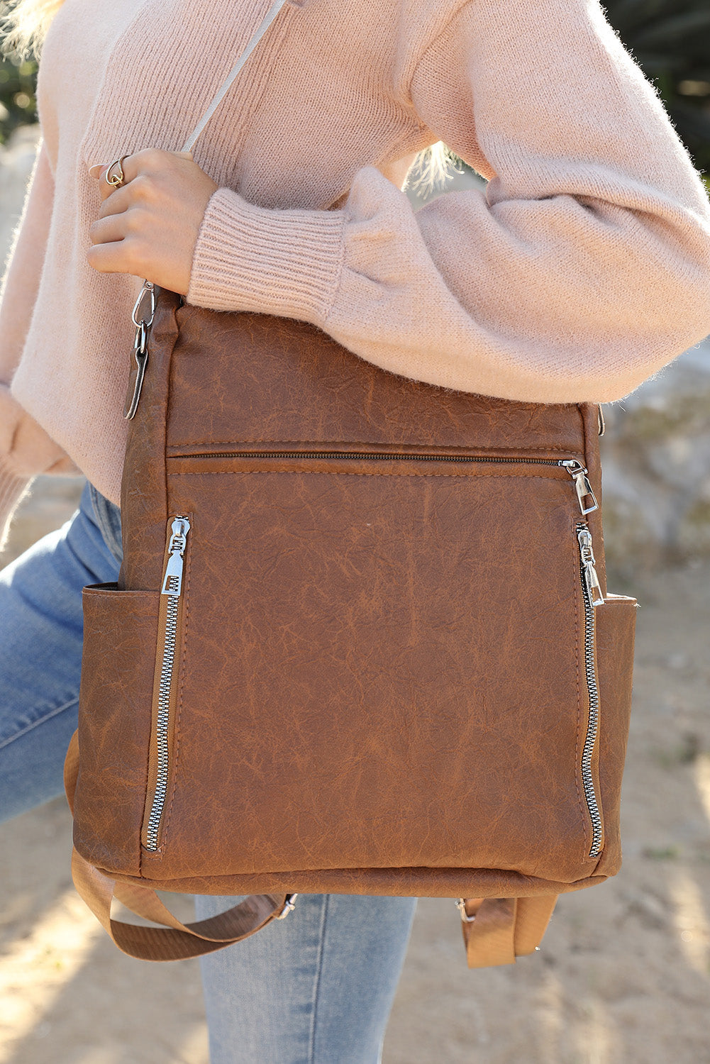 Chestnut Vintage Leather Large Zipper Backpack