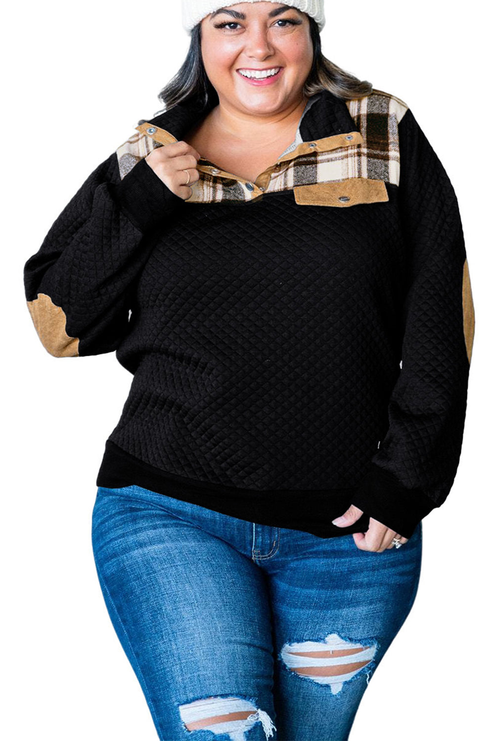 Black Plus Size Quilted Plaid Patch Henley Sweatshirt