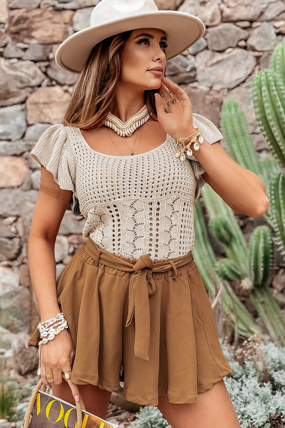 Beige Flutter Sleeve Hollowed Pointelle Knit Top