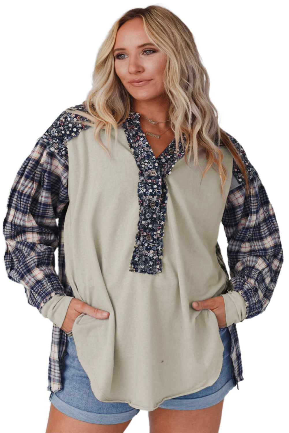 Navy Blue Mixed Print Half Buttons Plus Size Pullover Top