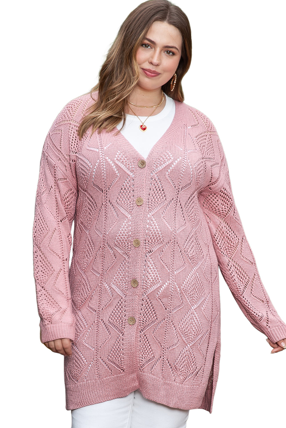 Pink Hollow Knit Button-Up Plus Size Cardigan