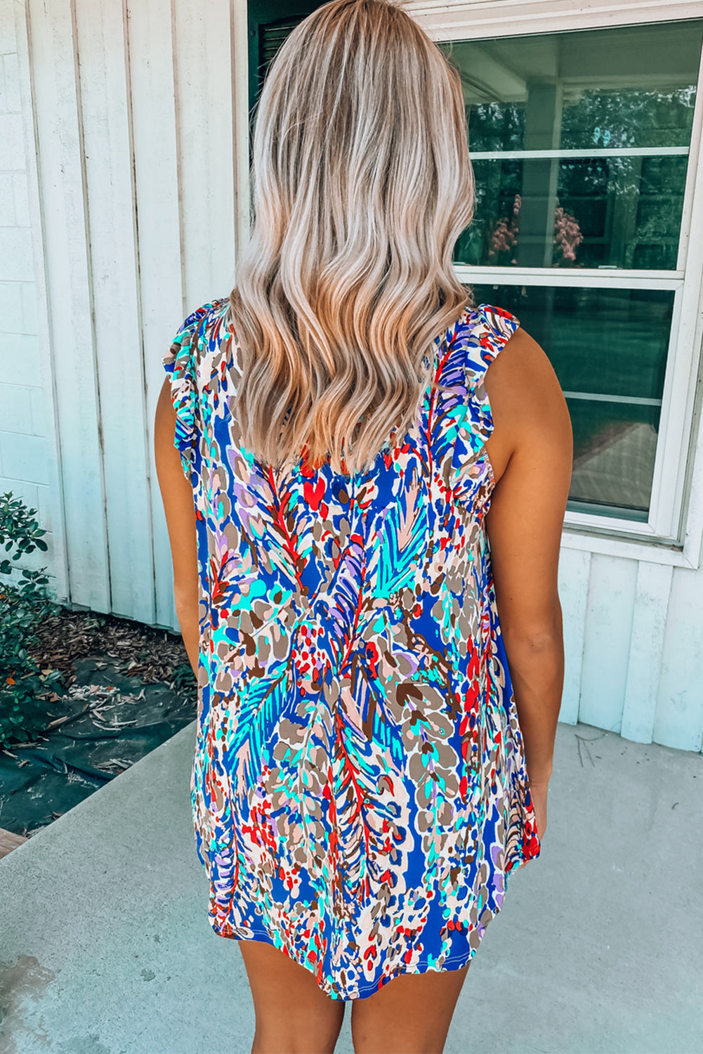 Blue Floral Print Tank Top with Ruffles