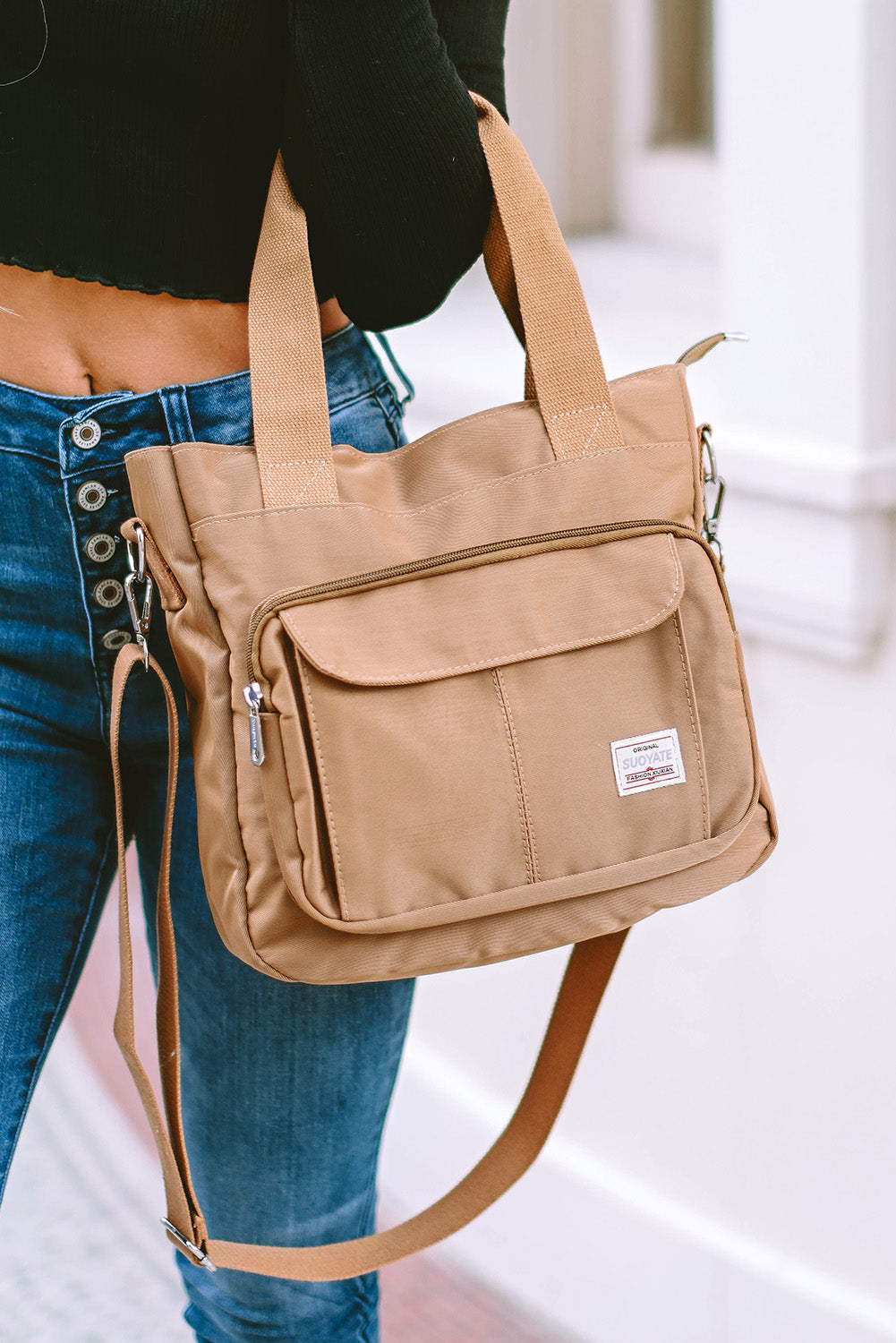 Light Beige Multi Pockets Zipped Large Canvas Shoulder Bag