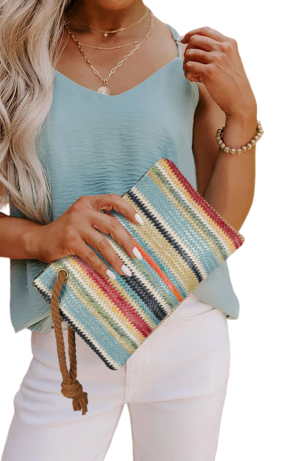 Multicolor Colorblock Zipper Woven Straw Bag