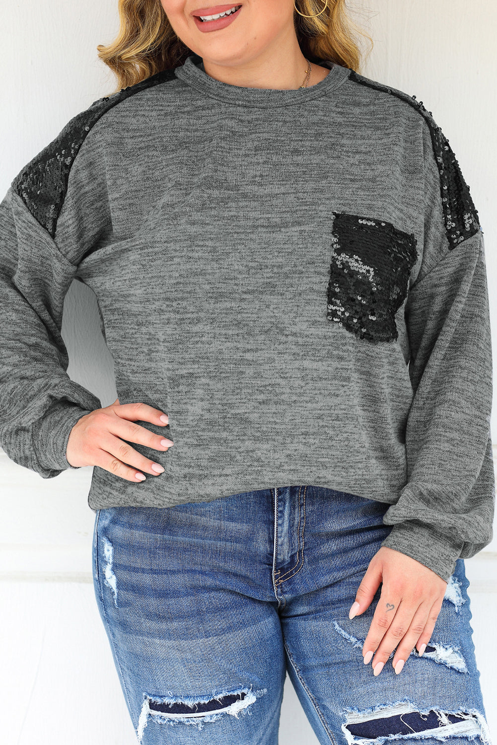 Gray Sequin Patchwork Long Sleeve Plus Size Top