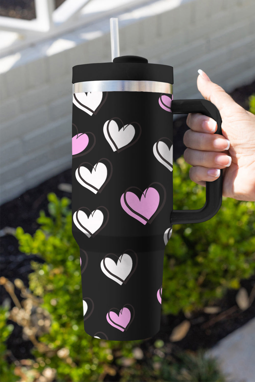 Black Valentines Heart Printed Thermos Cup with Handle