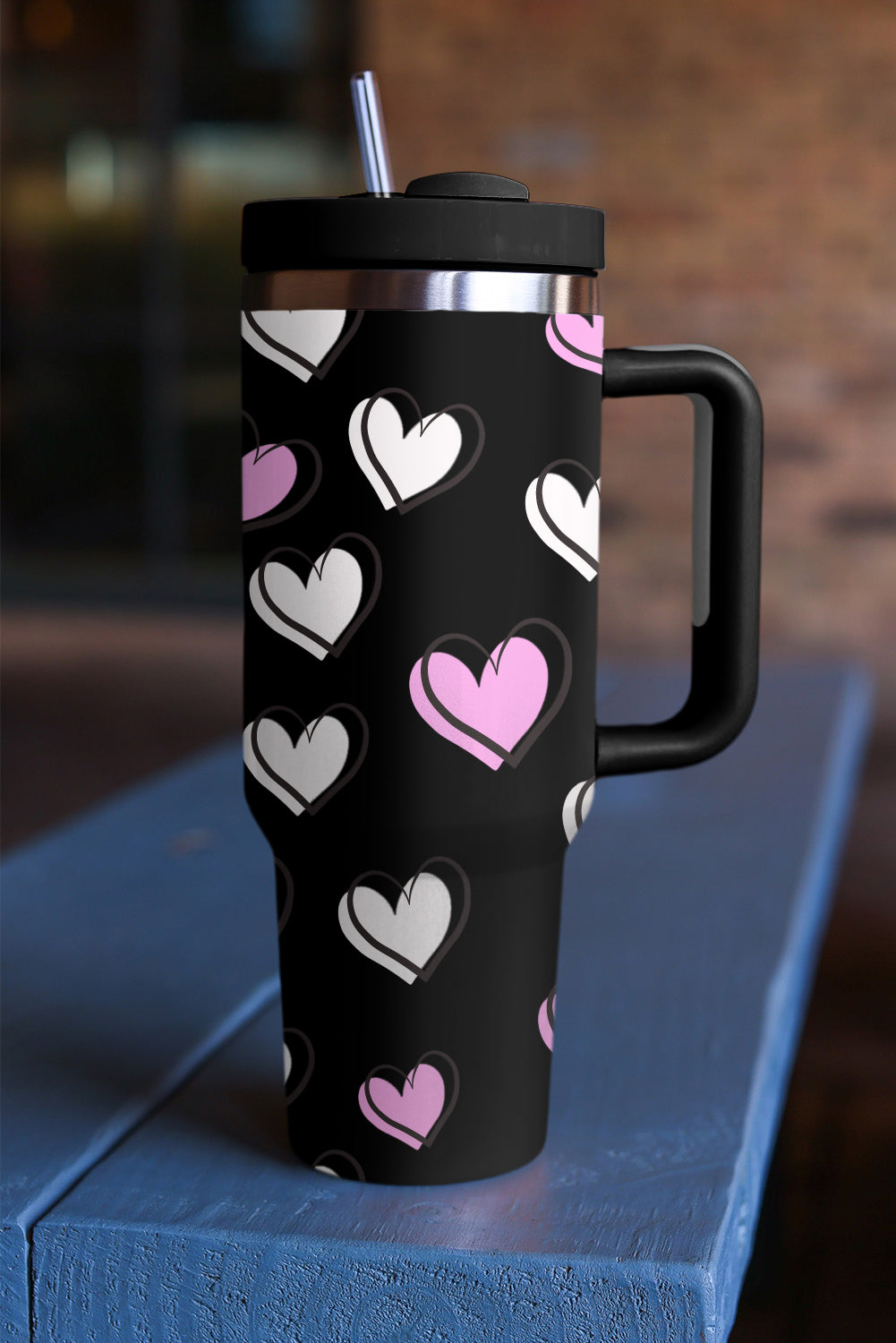 Black Valentines Heart Printed Thermos Cup with Handle