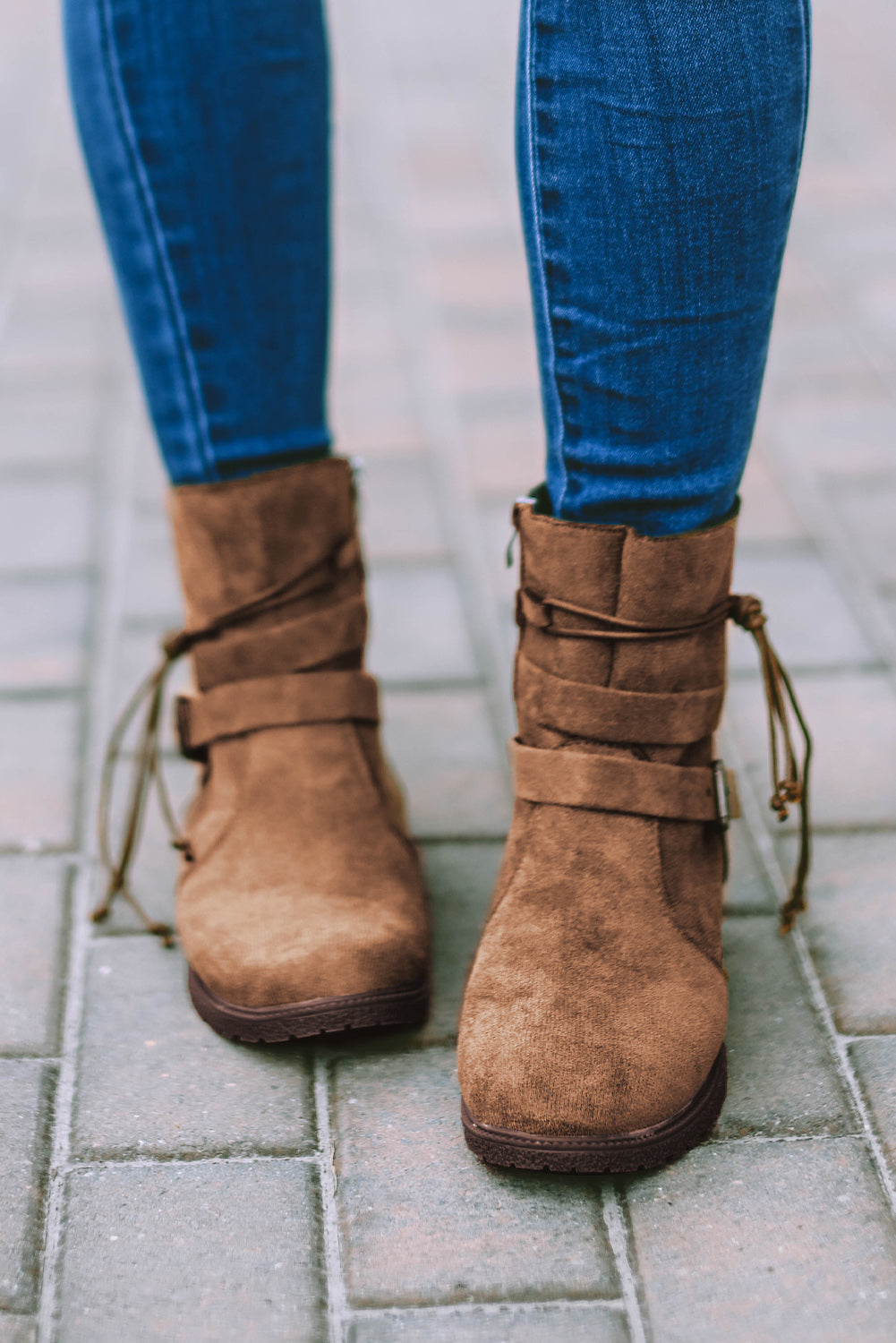 Brown Faux Suede Zip Up Buckle Straps Ankle Boots