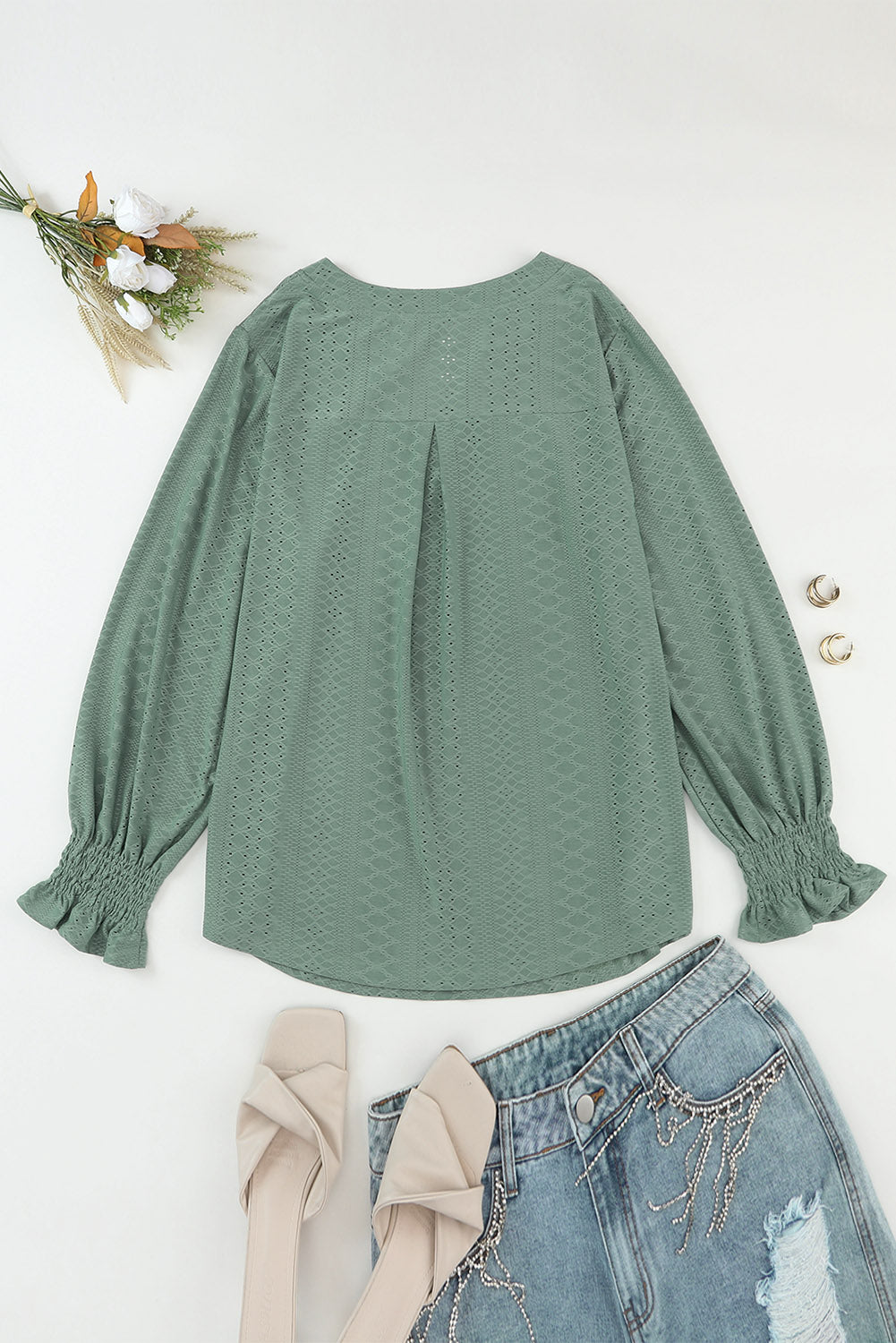 Green Eyelet Jacquard Split Neck Flounce Sleeve Plus Size Blouse