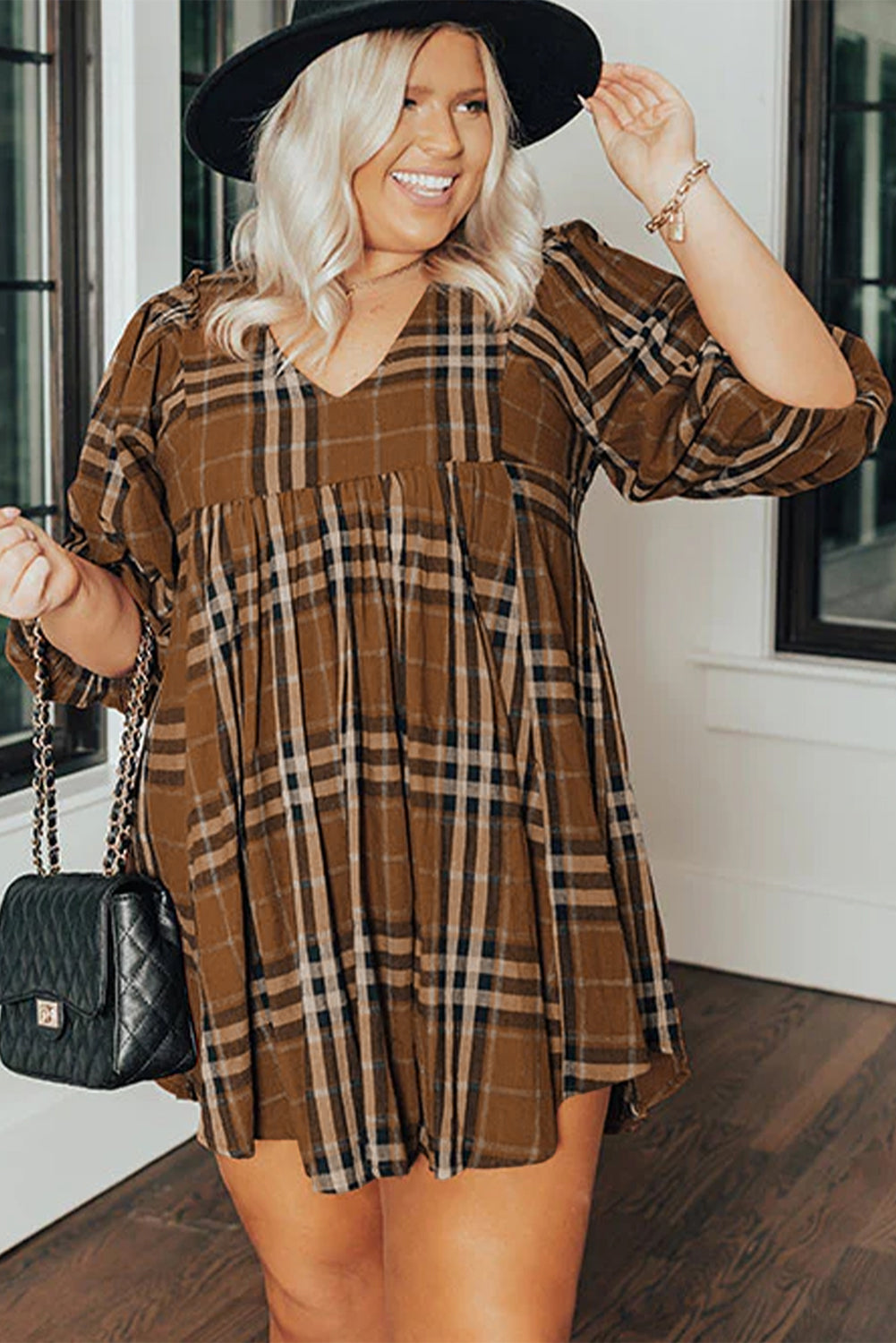 Brown Plus Size Plaid V Neck Babydoll Dress