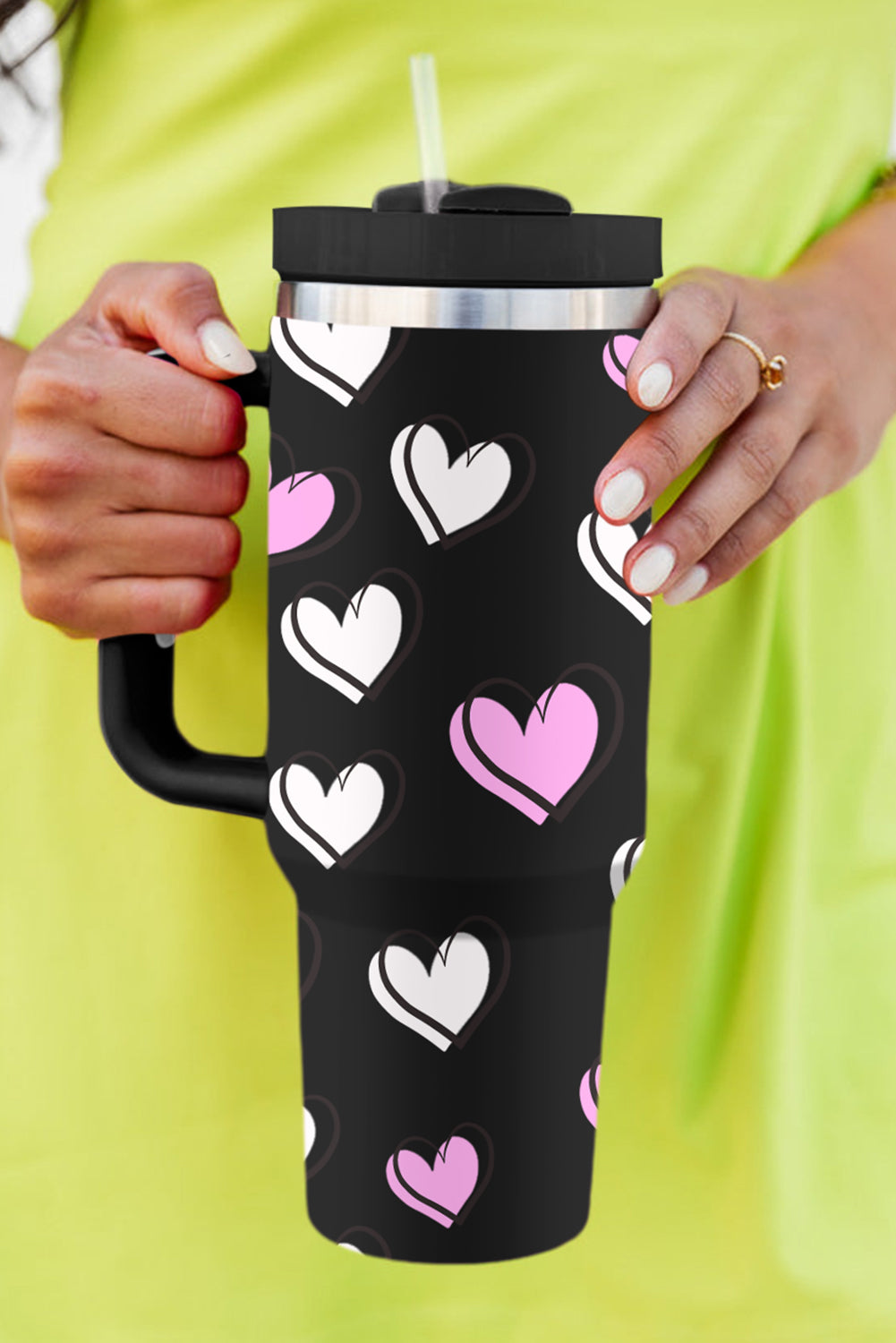 Black Valentines Heart Printed Thermos Cup with Handle