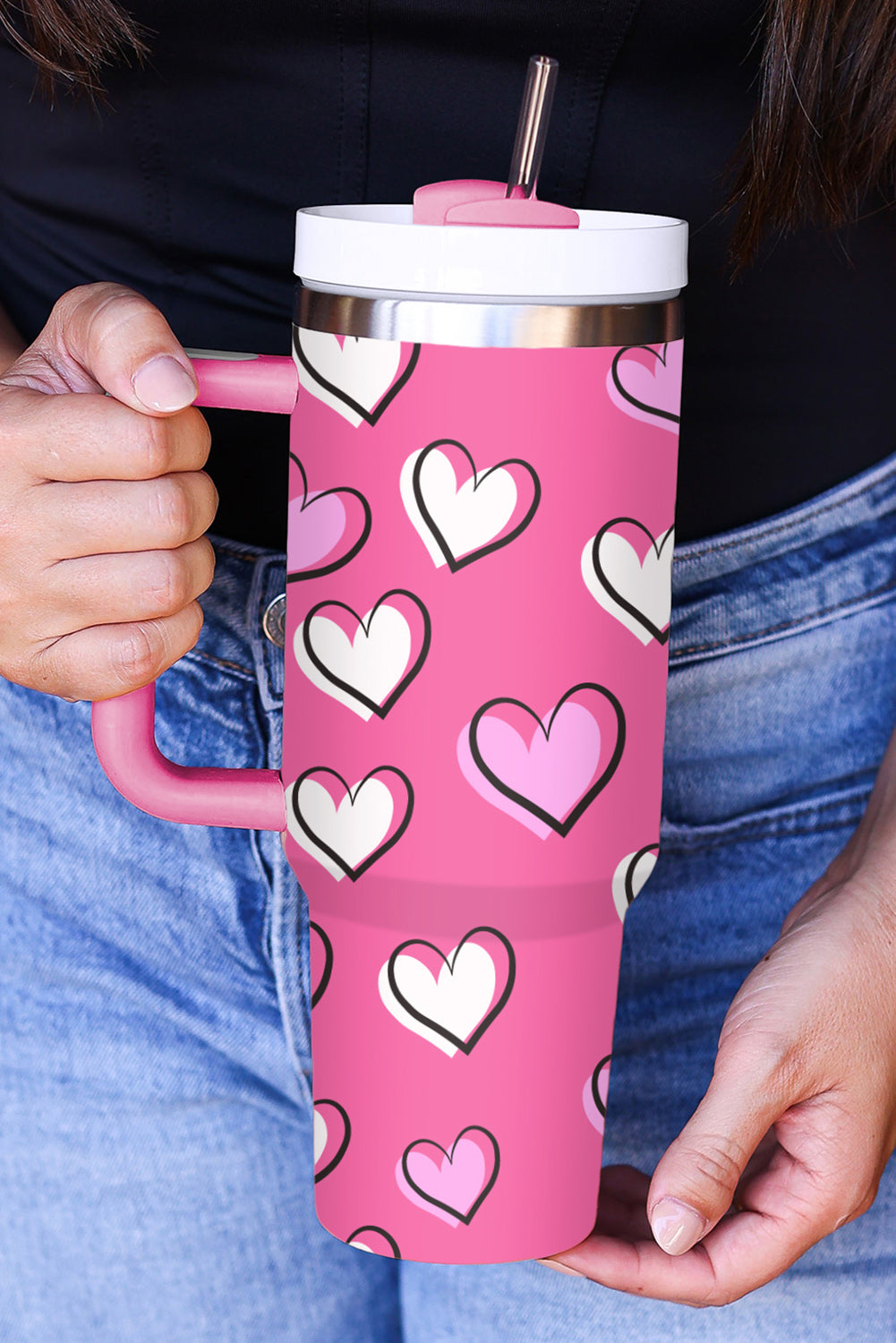 Black Valentines Heart Printed Thermos Cup with Handle