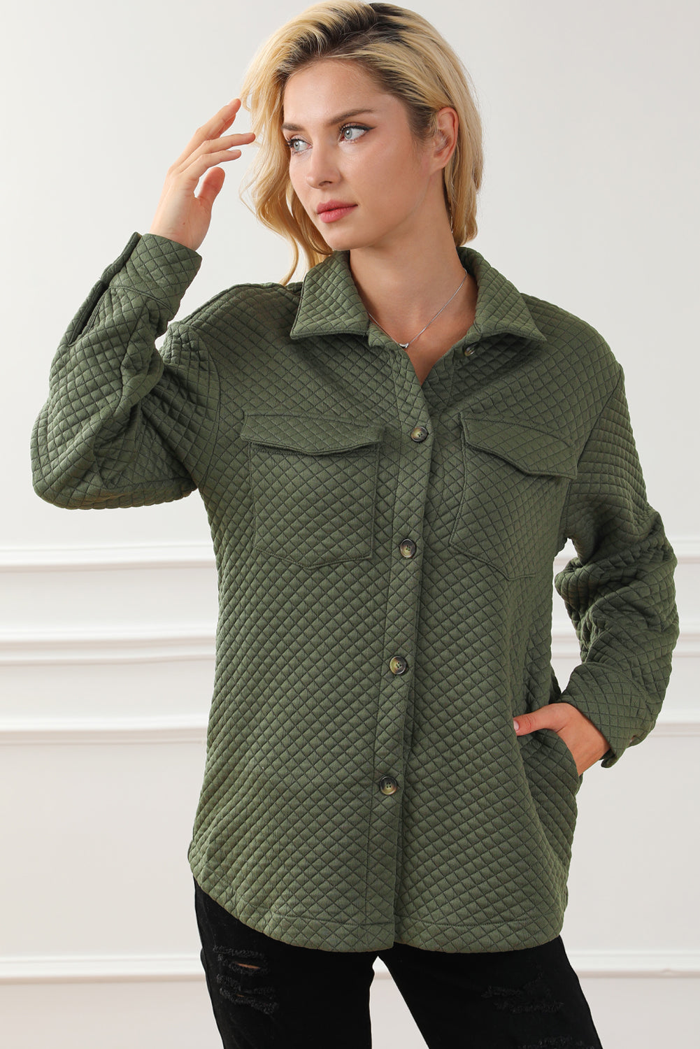 Green Retro Quilted Flap Pocket Button Shacket