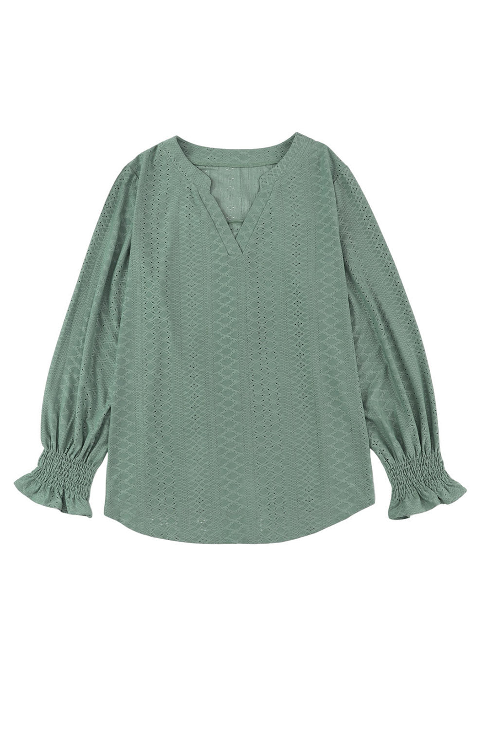 Green Eyelet Jacquard Split Neck Flounce Sleeve Plus Size Blouse