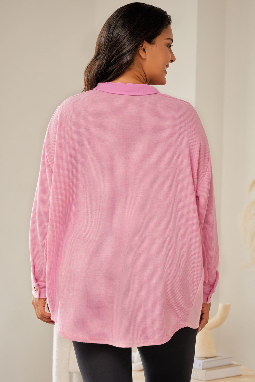 Pink Plus Size Waffle Knit Flap Pocket Long Sleeve Shirt