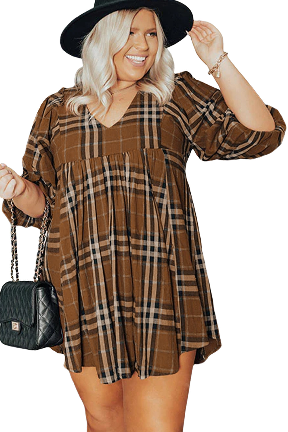 Brown Plus Size Plaid V Neck Babydoll Dress