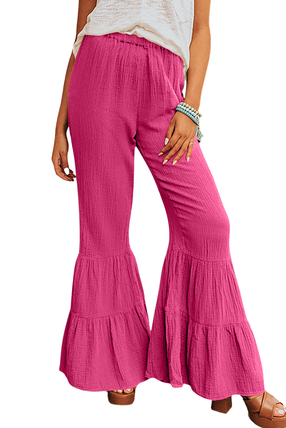 Rose Textured High Waist Ruffled Bell Bottom Pants