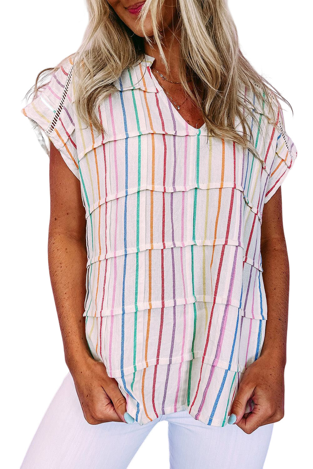 Multicolor Striped Short Sleeve Blouse for Women