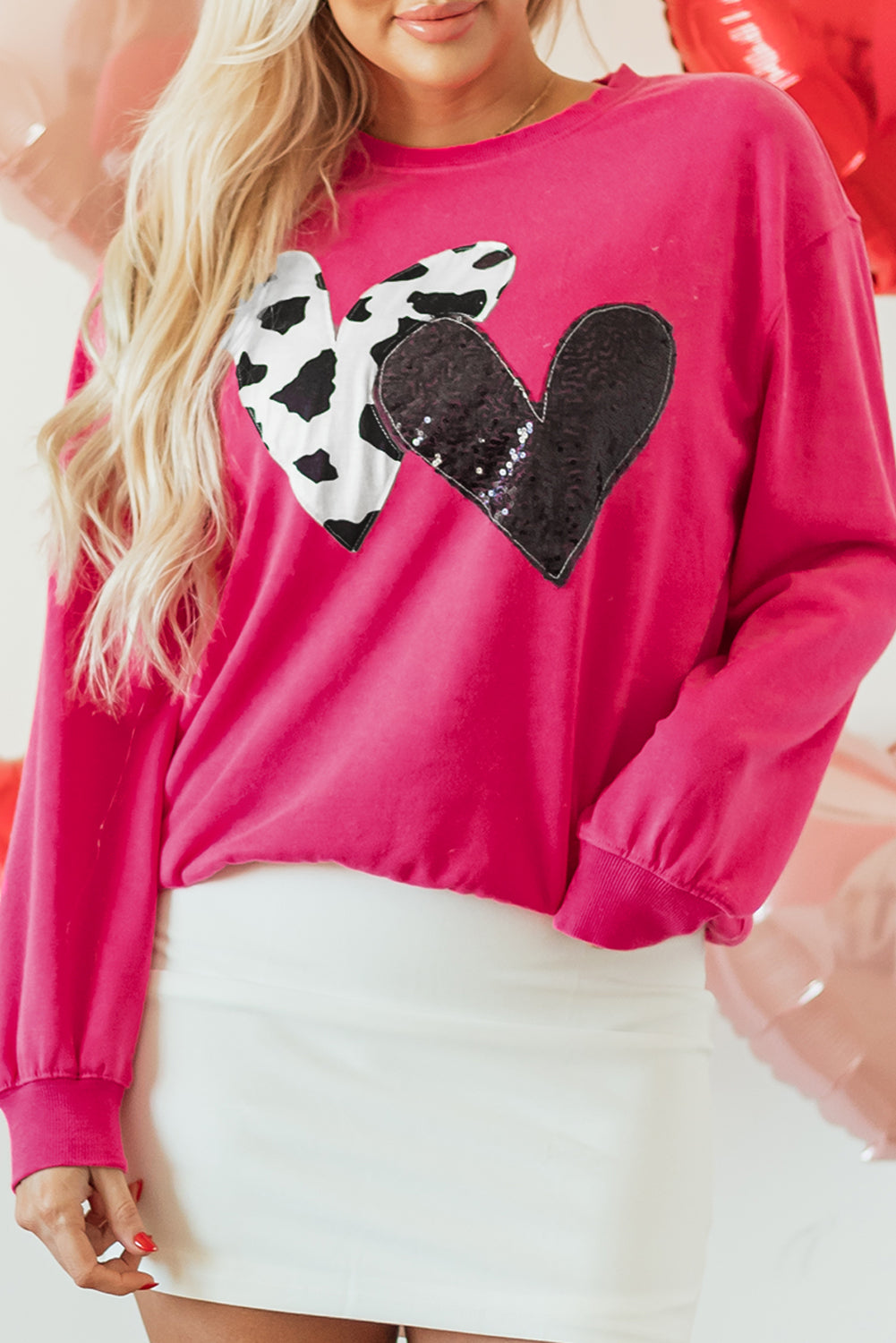 Strawberry Pink Cow & Sequin Double Heart Patch Graphic Sweatshirt