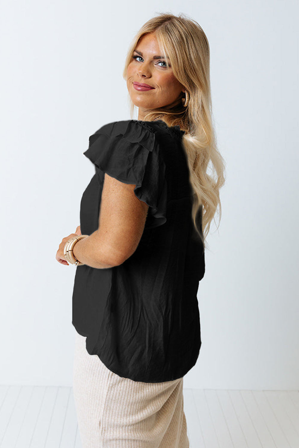 Rose Plain Ruffle Sleeve Buttoned Plus Size Boho Top