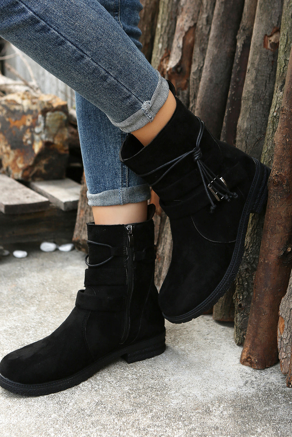 Brown Faux Suede Zip Up Buckle Straps Ankle Boots