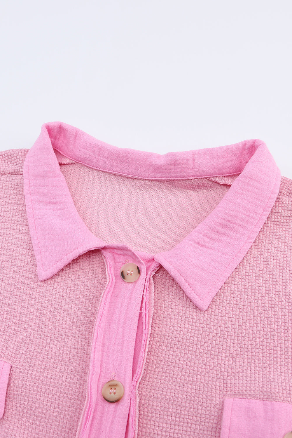 Pink Plus Size Waffle Knit Flap Pocket Long Sleeve Shirt