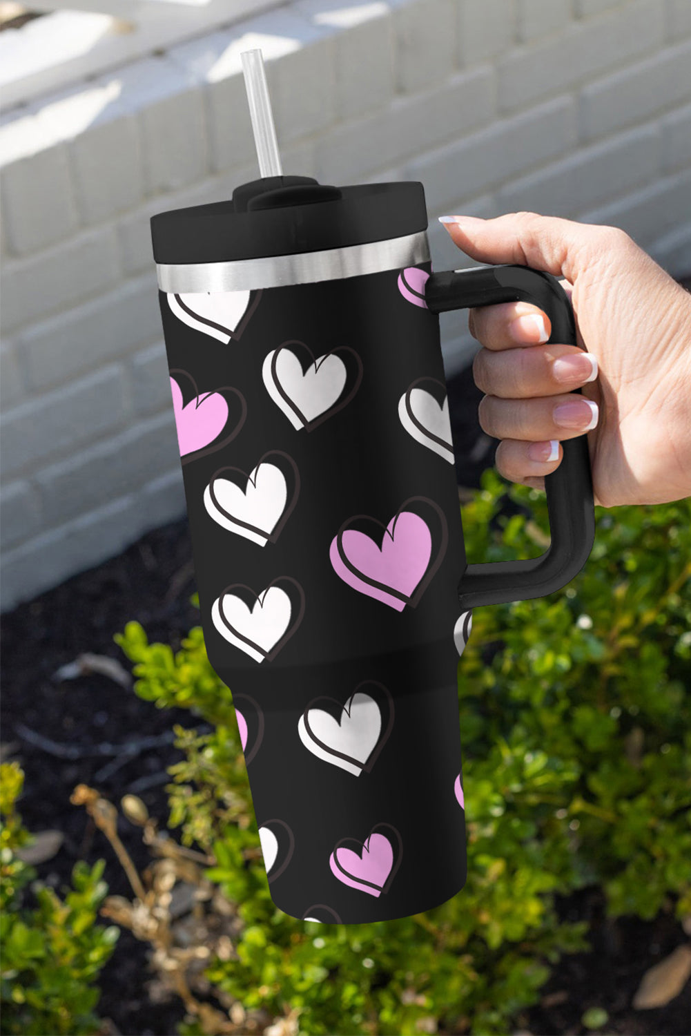 Black Valentines Heart Printed Thermos Cup with Handle