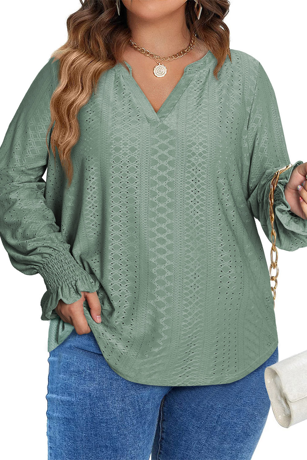 Green Eyelet Jacquard Split Neck Flounce Sleeve Plus Size Blouse