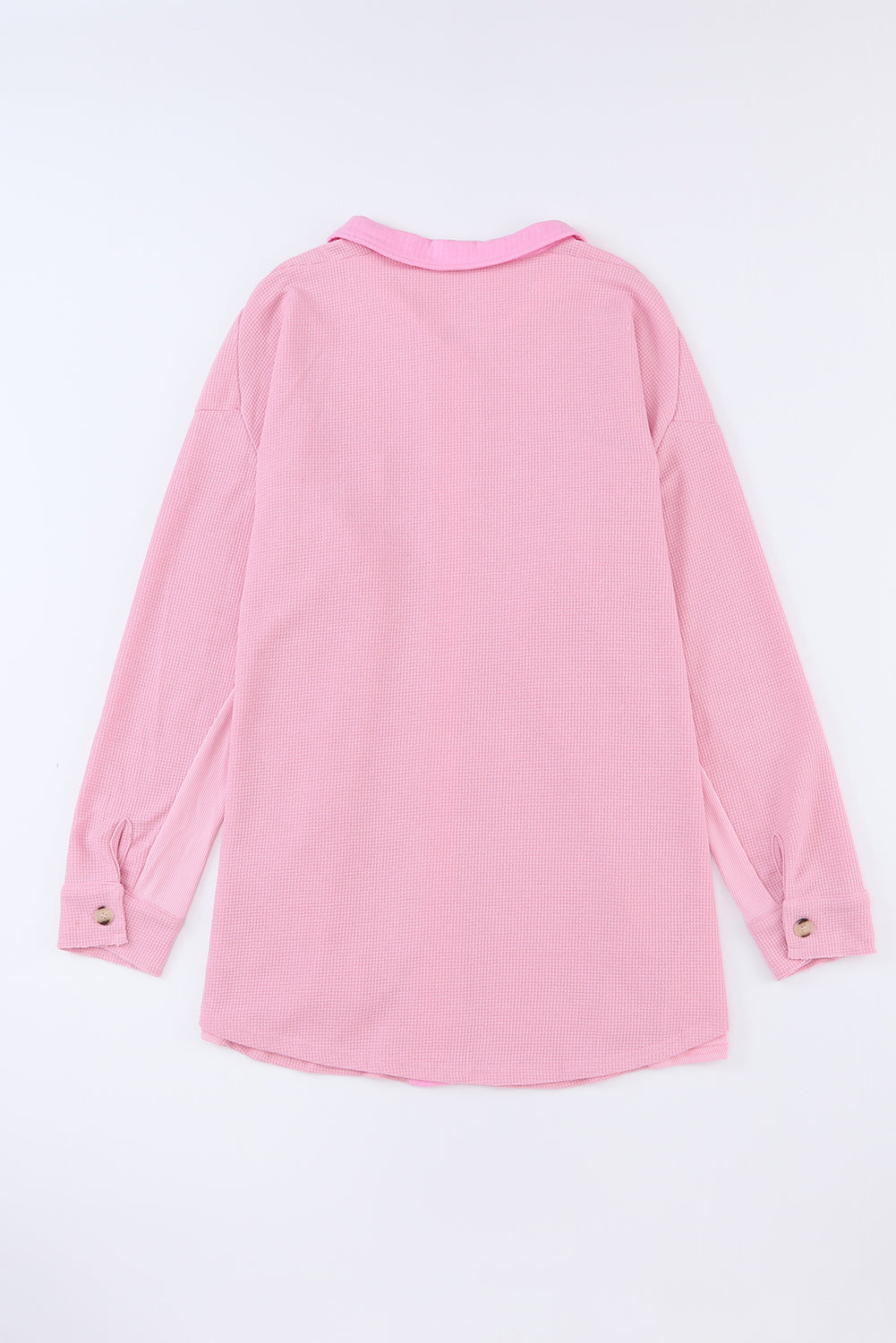 Pink Plus Size Waffle Knit Flap Pocket Long Sleeve Shirt