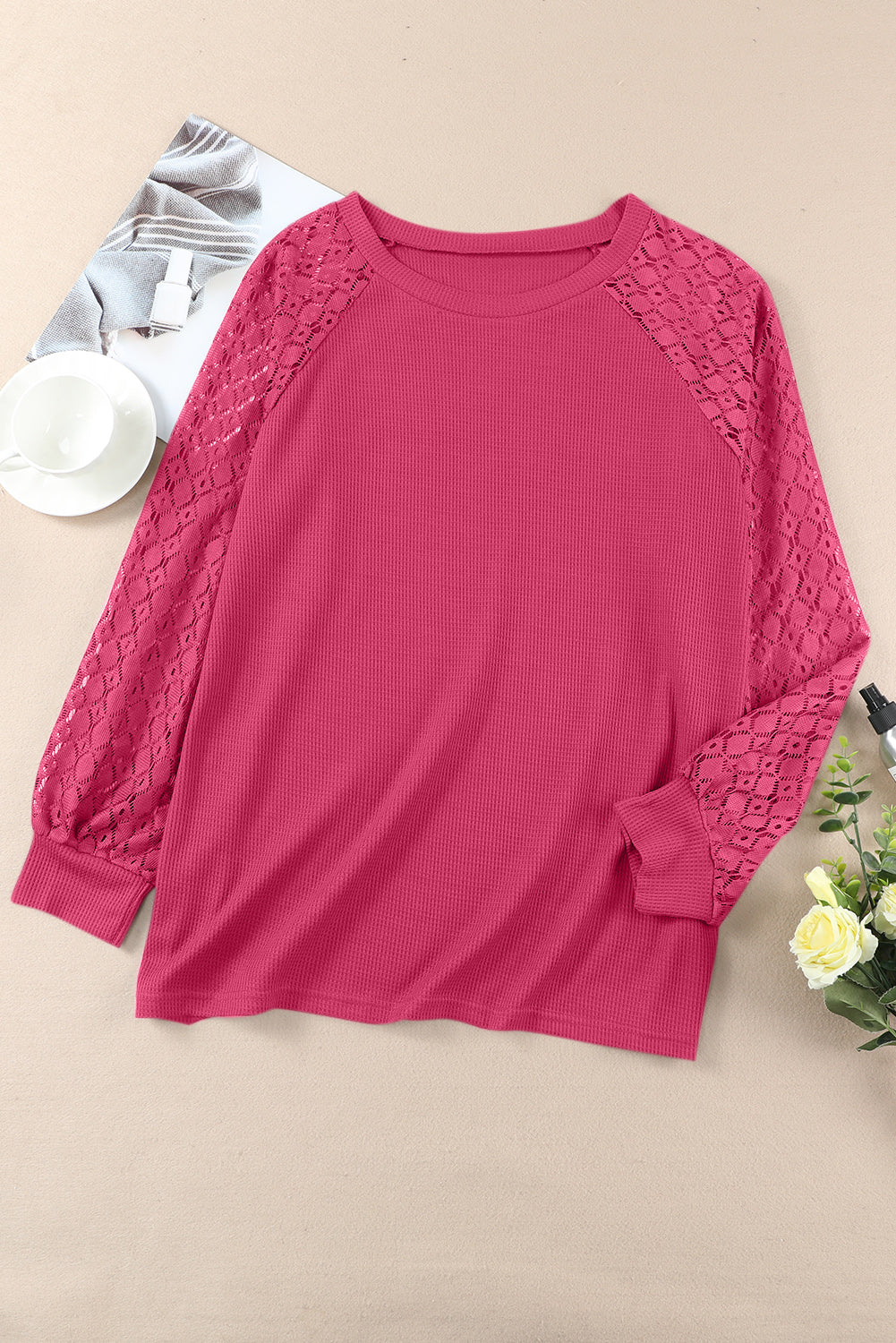 Red Plus Size Contrast Lace Sleeve Waffle Knit Top